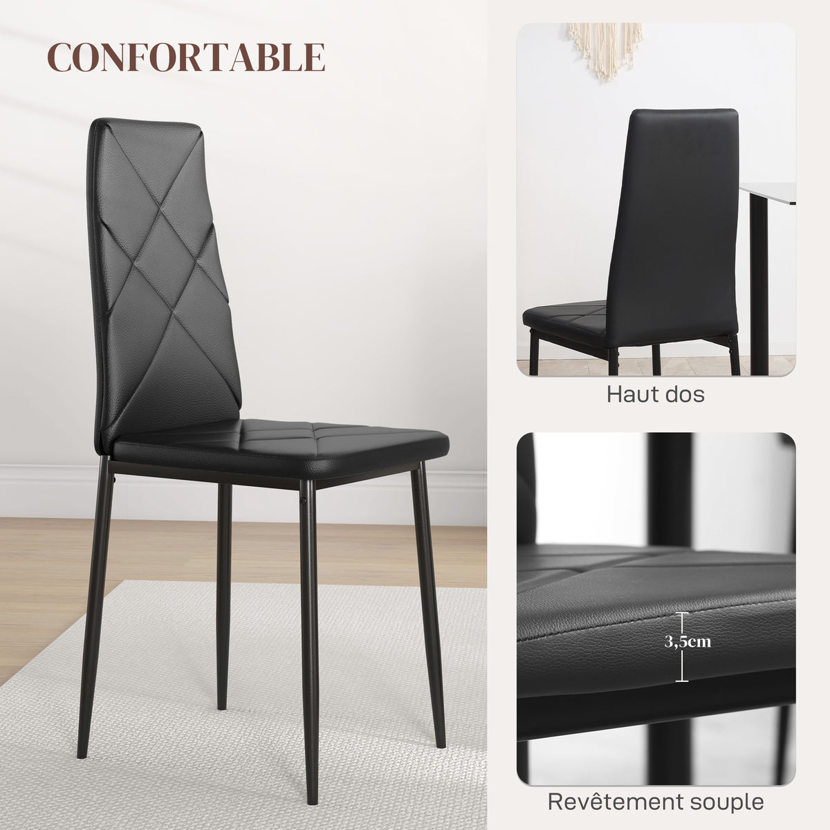 Lot de 2 chaises de salle à manger avec dossier haut, revêtement synthétique et pieds en acier, noir-5