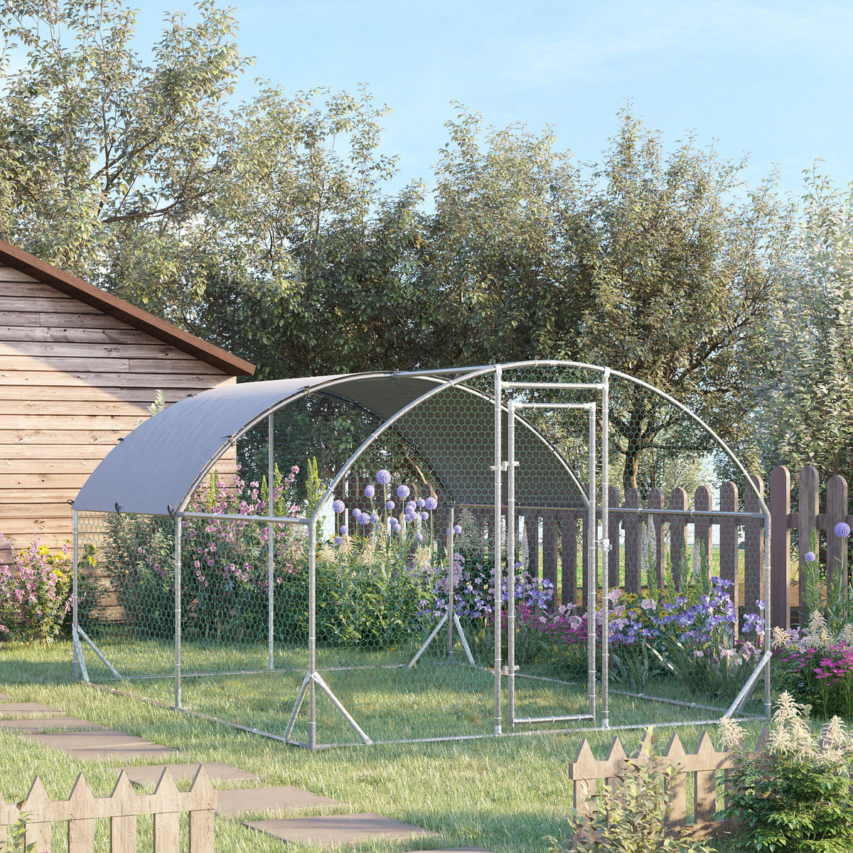 Grand enclos poulailler 10,64 ㎡ parc grillagé toit anti-UV porte verouillable 2,8 x 3,8 x 1,97 m argenté-1