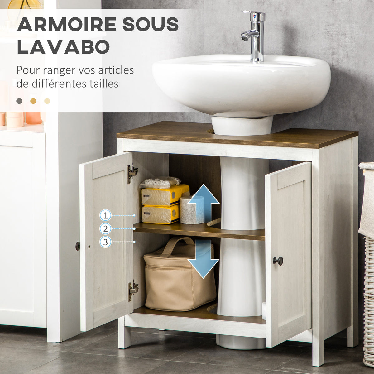 Meuble sous lavabo meuble de salle de bain 2 portes avec étagère 60 x 30 x 60 cm blanc et aspect bois-4