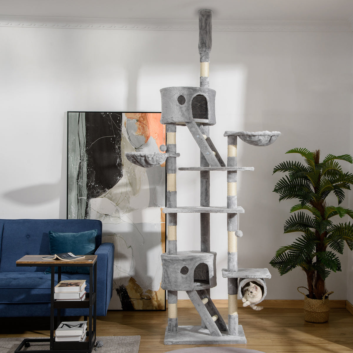 Arbre à chat du sol au plafond, tour à chat réglable en hauteur de 240-260 cm à plusieurs niveaux, gris clair-1