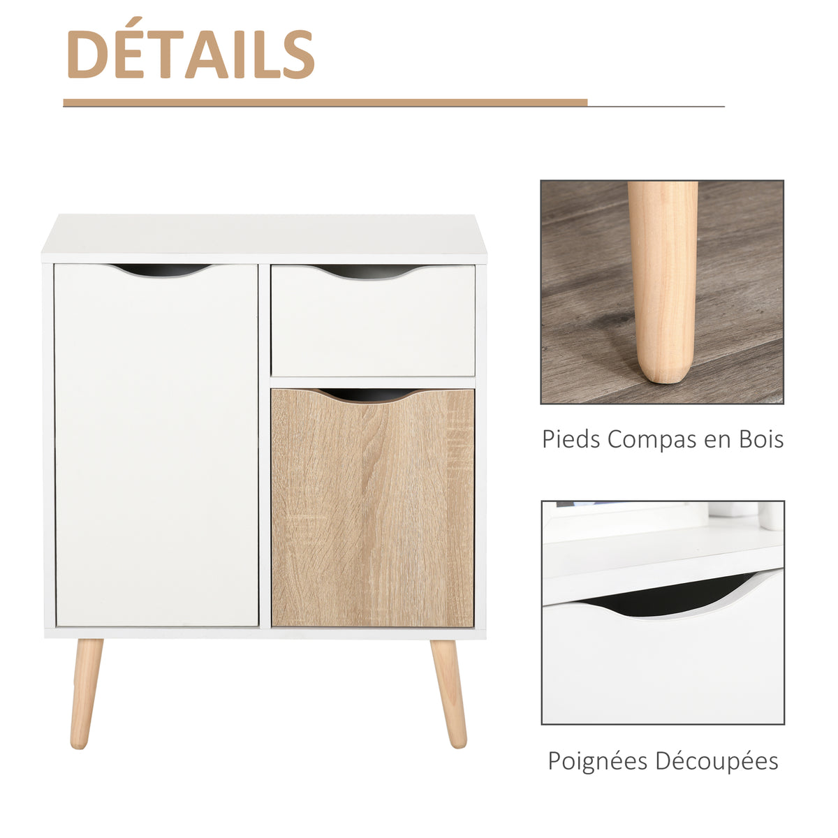 Buffet Meuble de Rangement Design scandinave 2 placards tiroir Coulissant Bois Blanc chêne Clair-4
