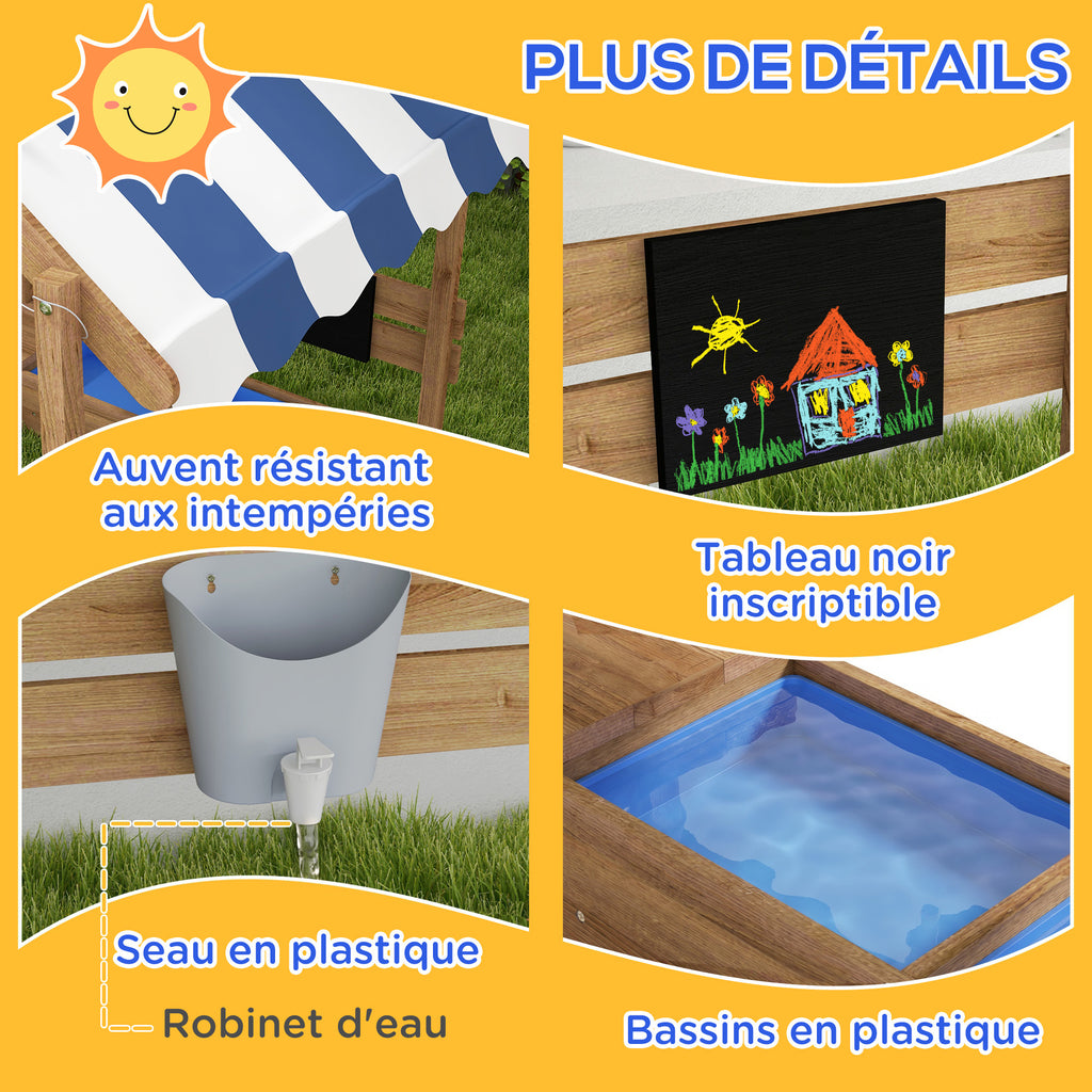 Bac à sable bois forme de maison pour enfant avec auvent 2 bacs évier tableau 124 x 116 x 146 cm noir-6