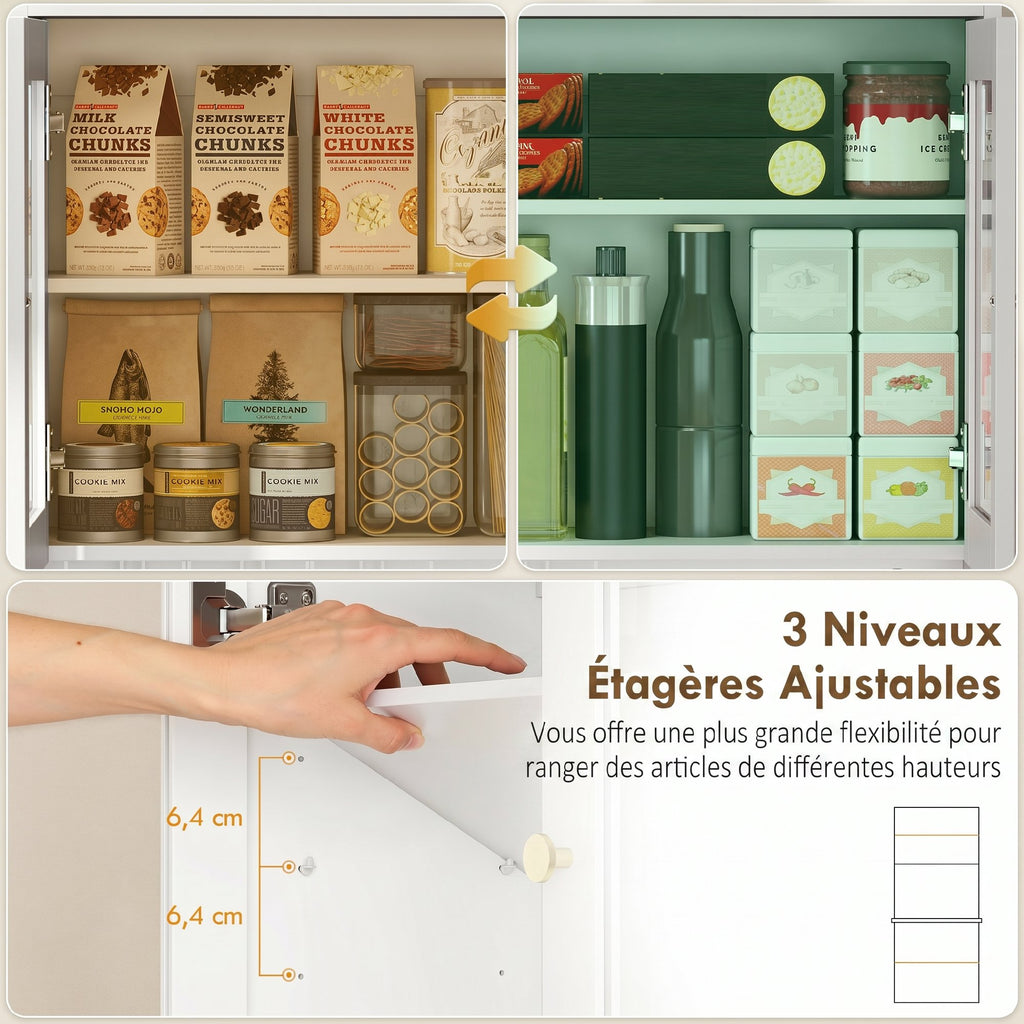 Buffet Haut Cuisine, Armoire de Cuisine, 4 Portes, Tiroir, Plan de Travail et Étagères Réglables, Blanc-5