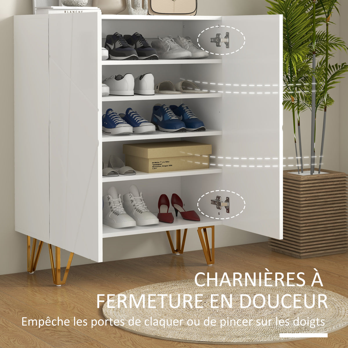 Meuble à chaussures meuble de rangement à chaussures 2 portes étagères réglables 72 x 31,5 x 95 cm blanc laqué-4