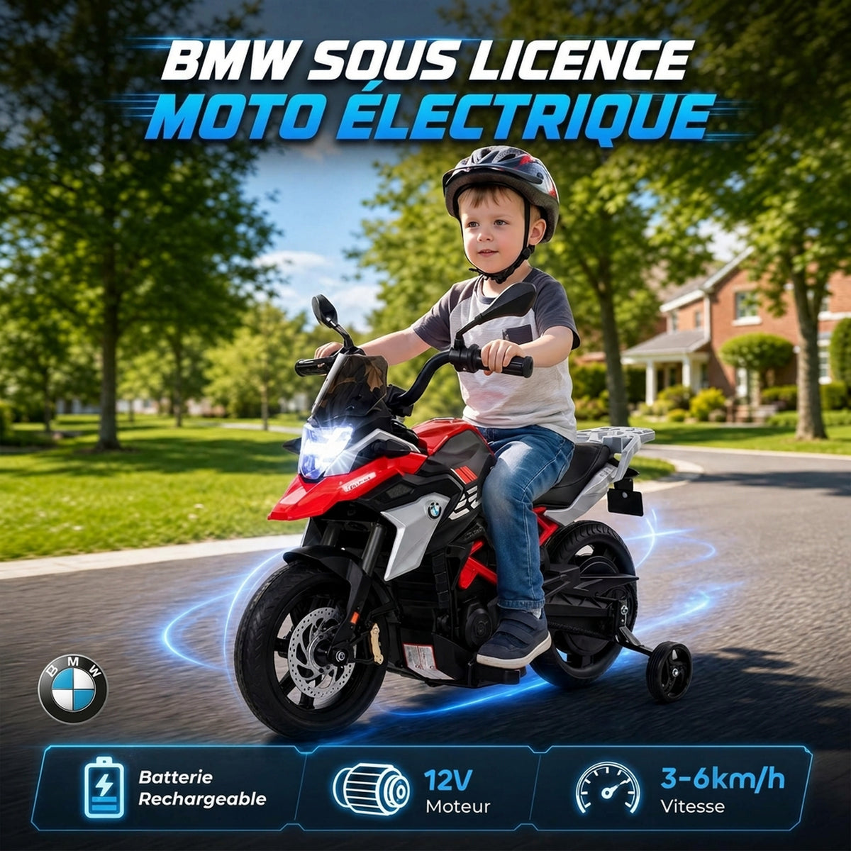 Moto Électrique pour Enfants 3-8 Ans BMW G310 GS 12V Batterie Lithium, 3-6 km/h, 102 x 62 x 73 cm, Rouge-3