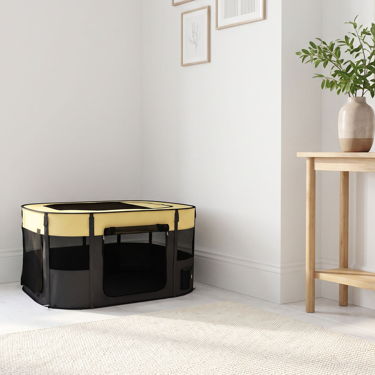 Parc pliable pour animaux de compagnie parc pour chiots en tissu Oxford avec fenêtres et portes sac de rangement jaune-1
