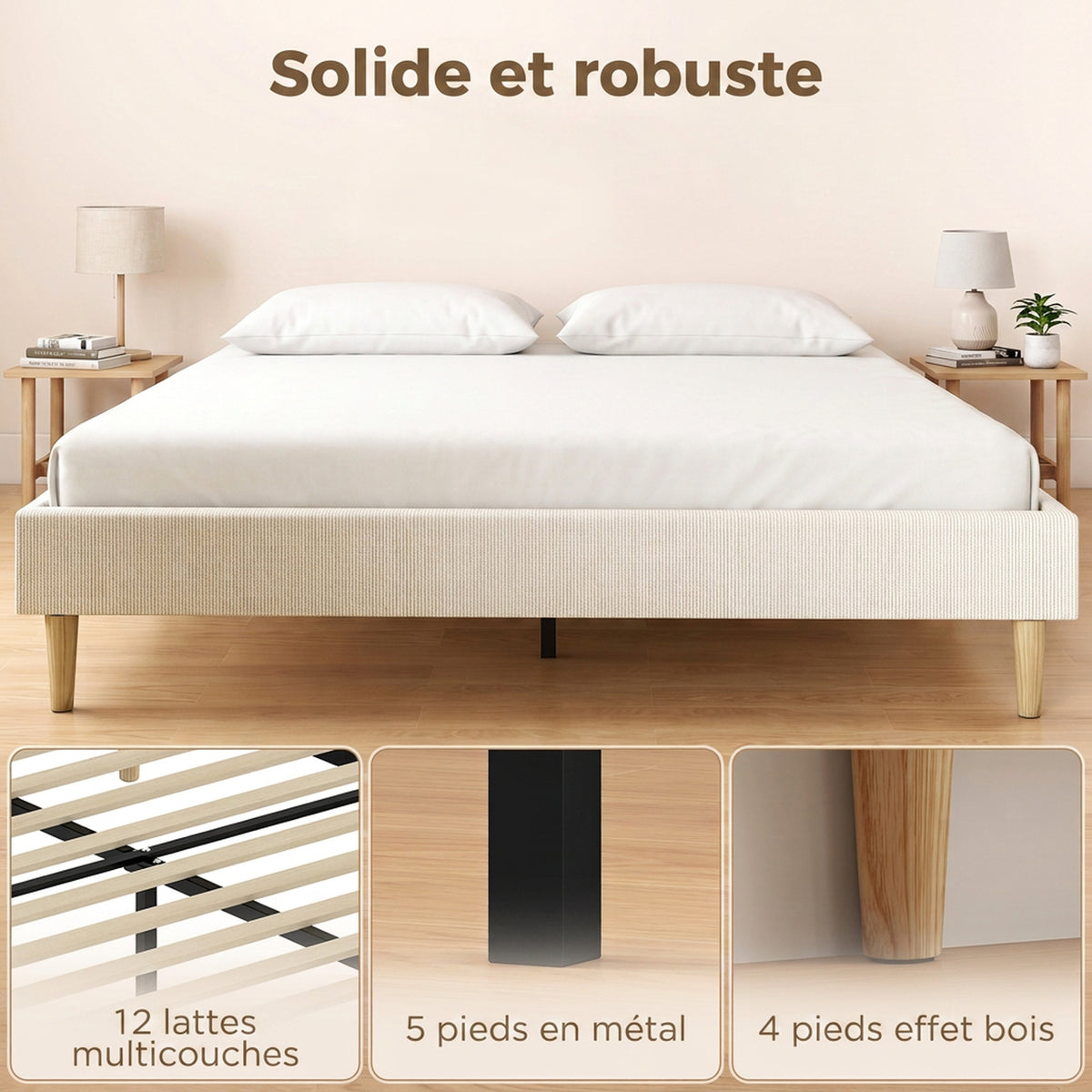 Cadre de Lit 160 x 200 cm avec Sommier, Lit Double Rembourré en Velours Côtelé, Espace de Rangement Au-Dessous, Crème-4
