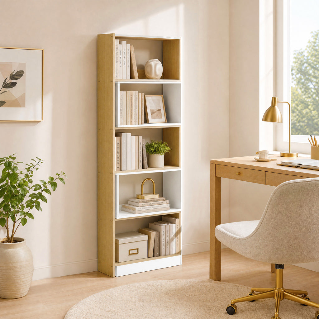 Bibliothèque d'angle rotative 350° à 5 niveaux, étagère de rangement extensible en forme L, 60-111x24x164cm, chêne-9