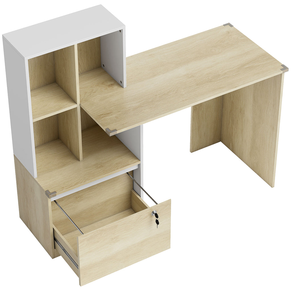 Bureau d'ordinateur avec bibliothèque 4 compartiments et tiroir verrouillable, 126 x 50 x 109 cm, chêne et blanc-0