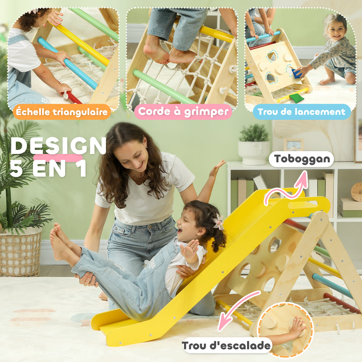 5 en 1 Triangle d'escalade avec toboggan enfants parcours motricité - filet d'escalade, sacs de sable inclus-3