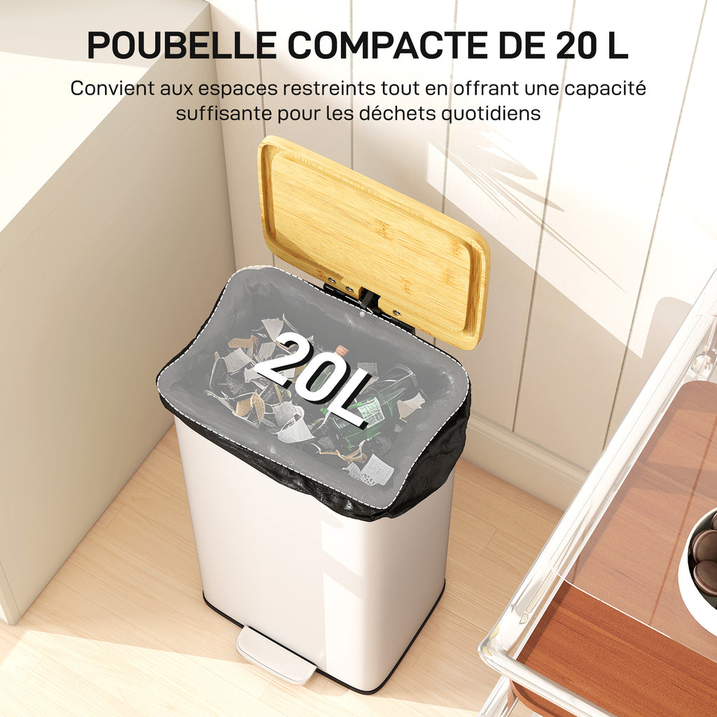 Poubelle de Cuisine 20L, Poubelle avec Pédale, Couvercle en Bambou à Fermeture Douce, Seau Intérieur Amovible, Blanc-3