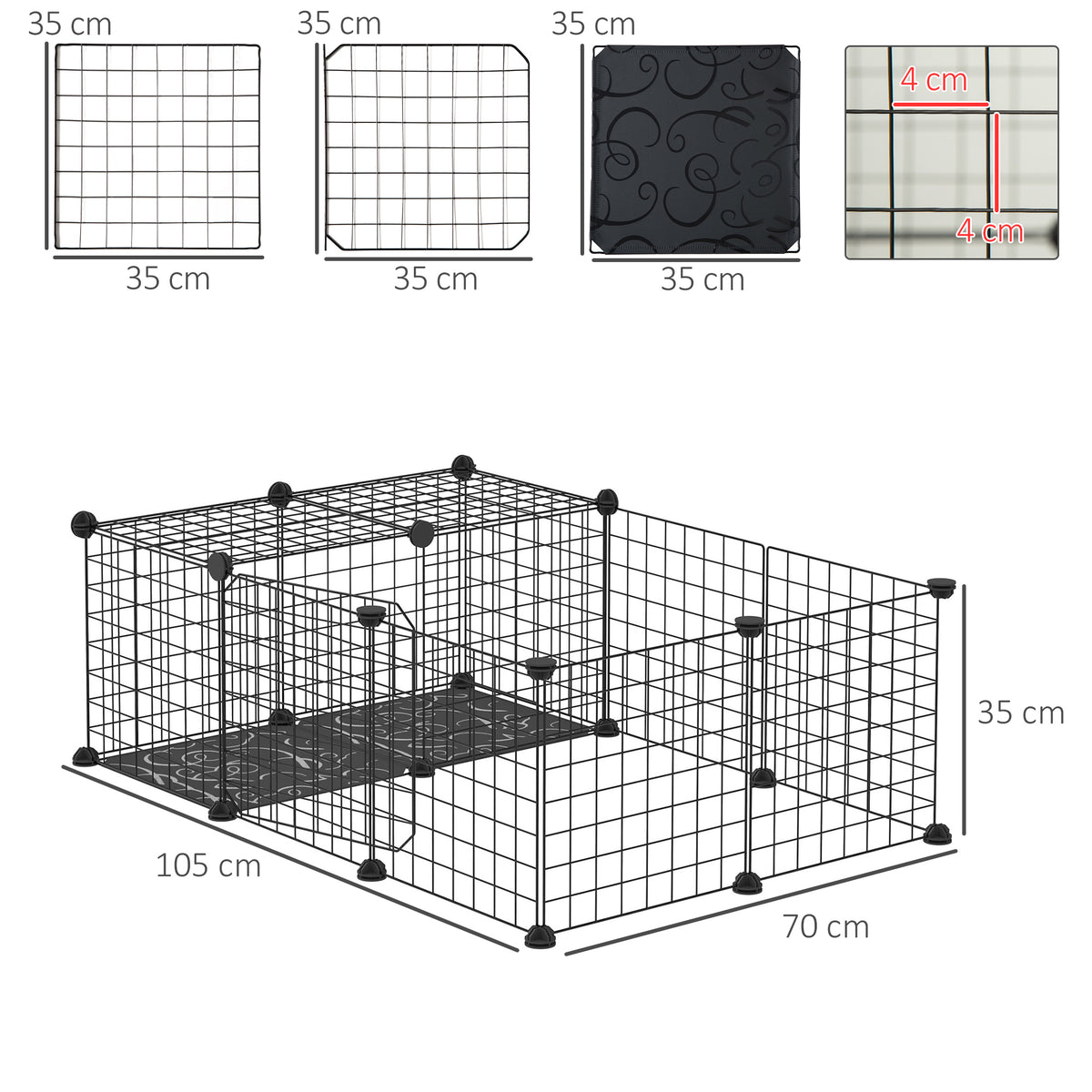 Enclos pour petits animaux parc pour lapins, cochons d'Inde et rongeurs modulable, noir-2