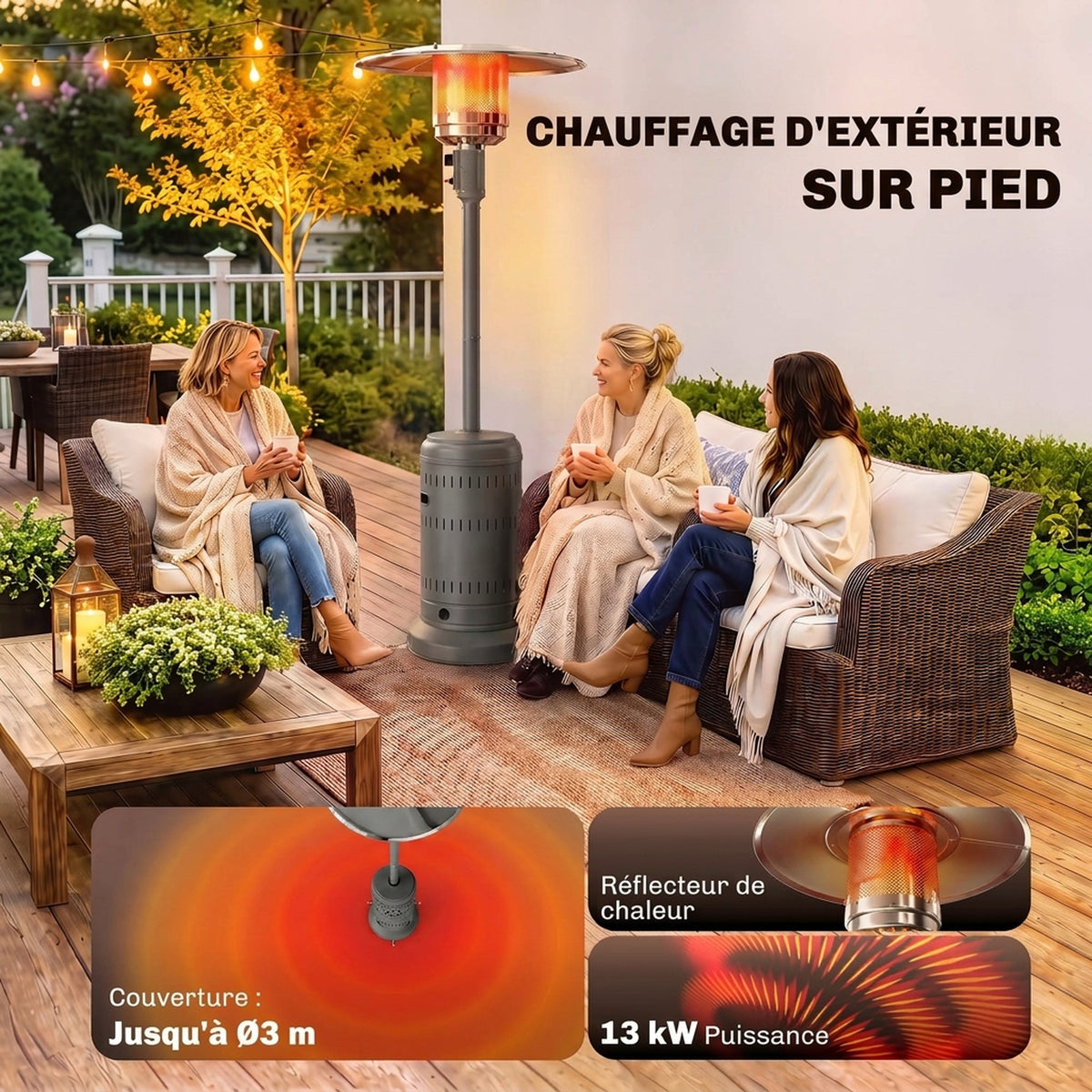 Chauffage Extérieur Terrasse Portable 13 kW, Niveaux de Chauffe Réglables, Protection Anti-Basculement, 82x82x223cm Gris-3