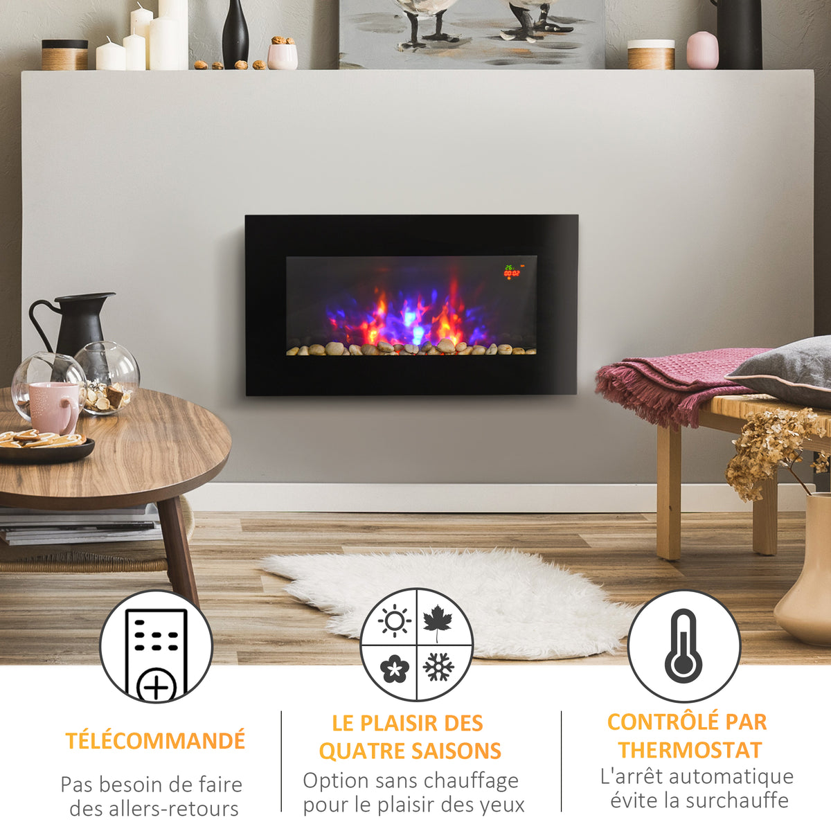 Cheminée électrique murale 1000/2000 W, cheminée décorative avec effet flamme 7 couleurs réglables, 72,5x11,5x40cm, noir-3