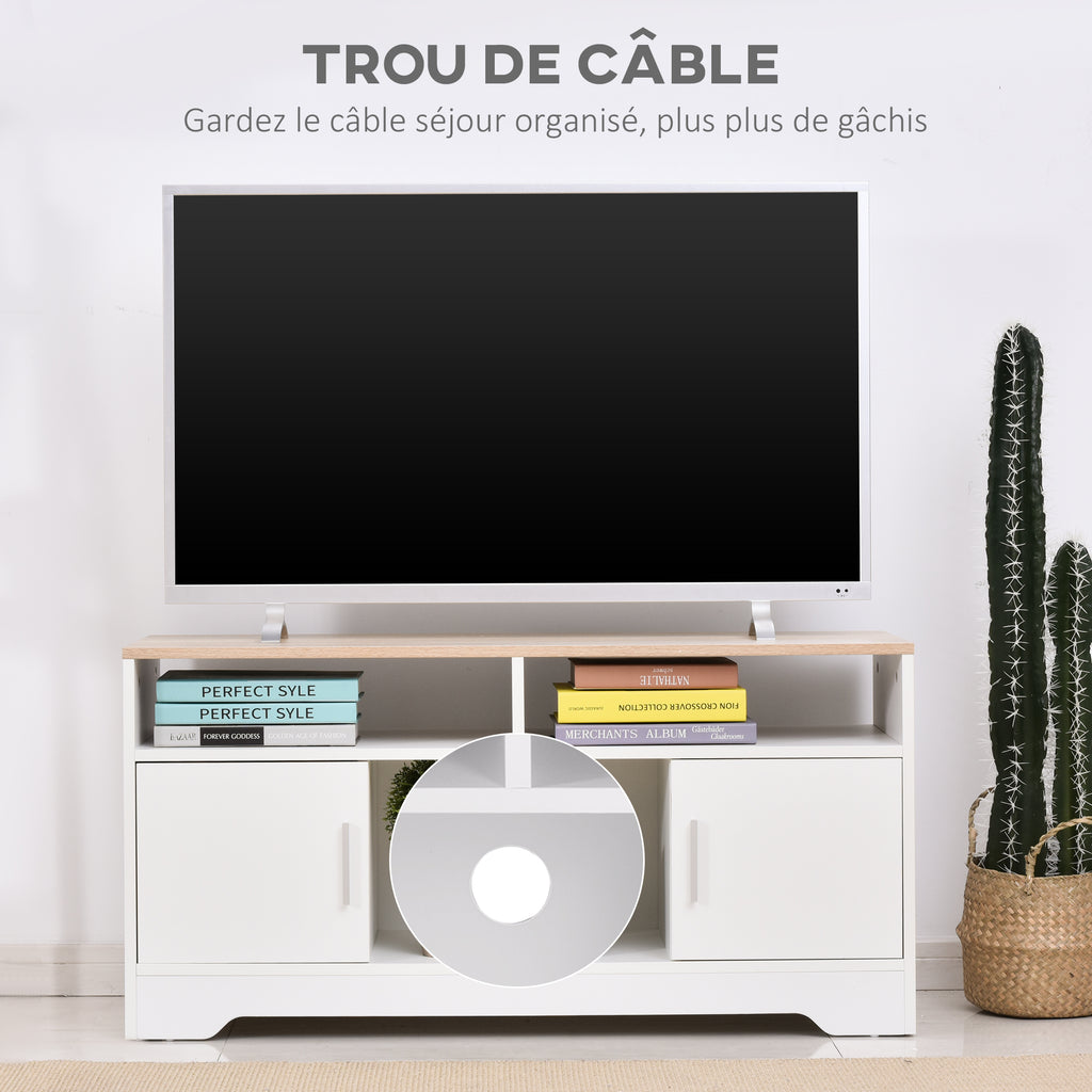 Meuble TV banc TV en bois grand espace de rangement avec 2 compartiments ouverts 2 armoires à porte une armoire ouverte 105 x 40 x 52 cm blanc-5