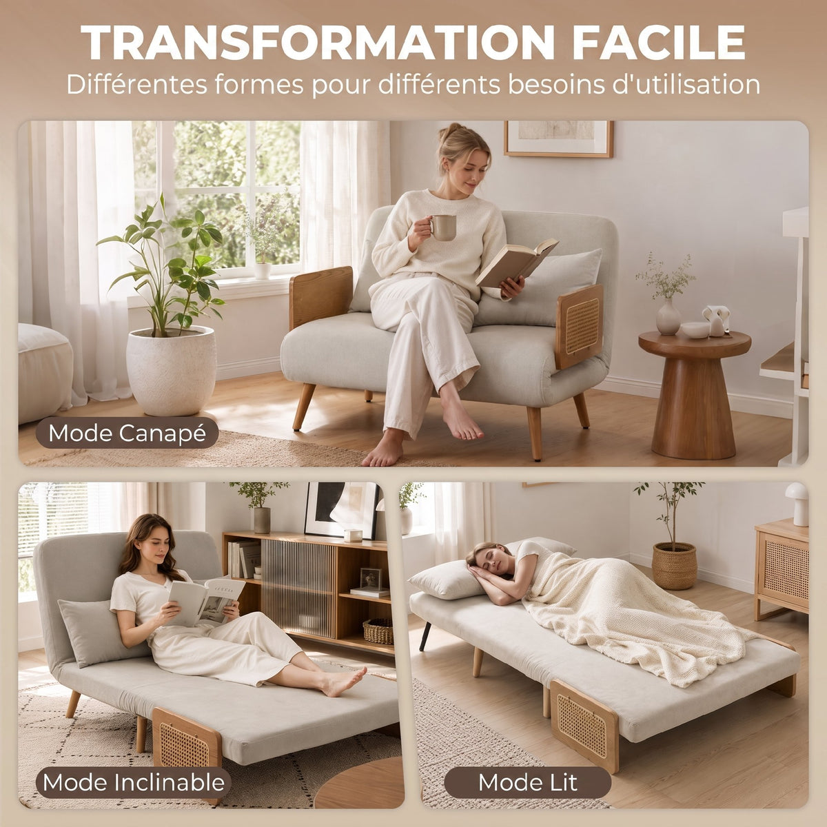 Canapé Convertible 2 Places, Canapé-Lit 3 en 1 Chenille 103cm, Dossier Réglable, 2 Oreillers, Accoudoirs en Bois, Crème-3