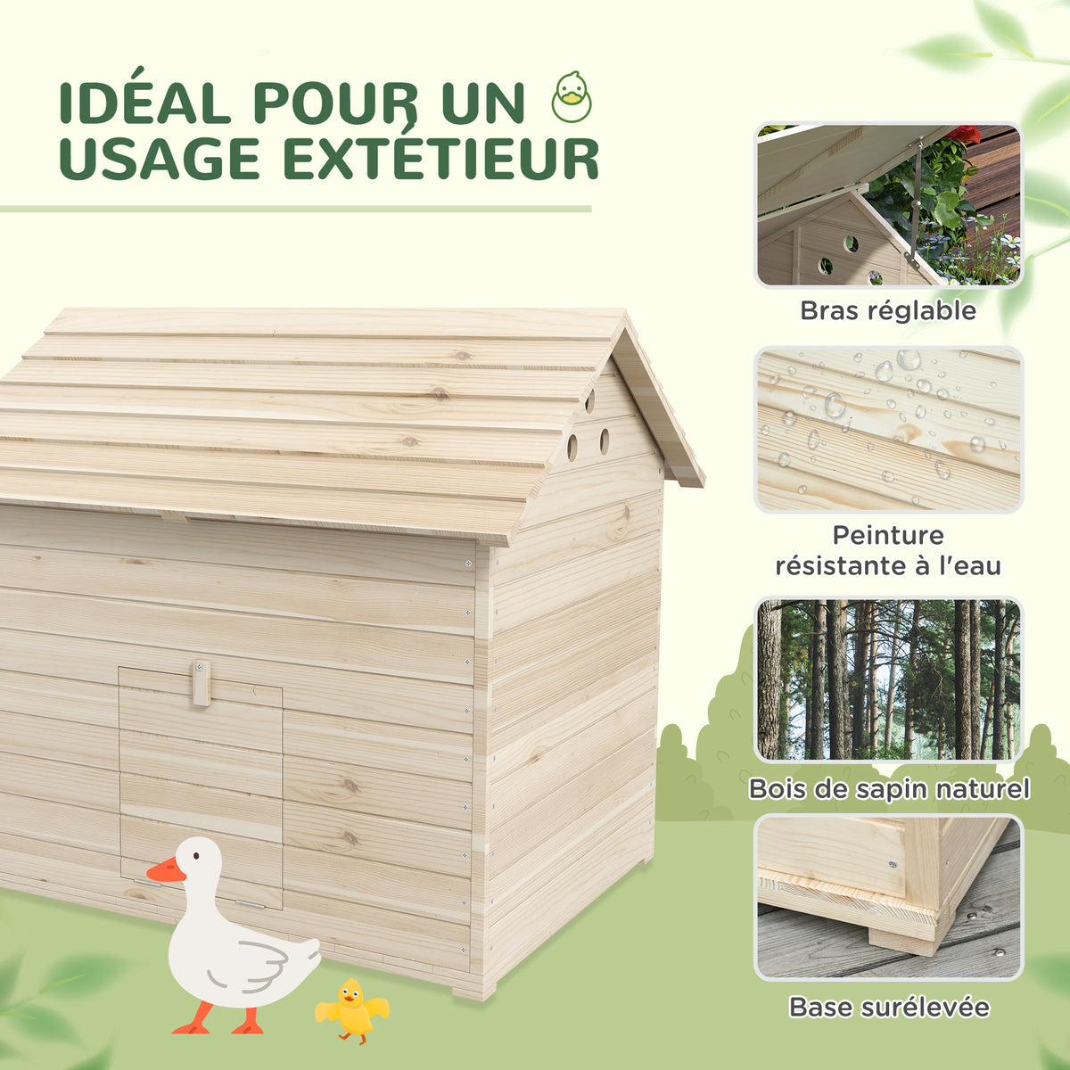 Abri pour canards maison pour canards avec toit ouvrant ventilation et porte-rampe 100 x 82,5 x 91 cm bois naturel-4
