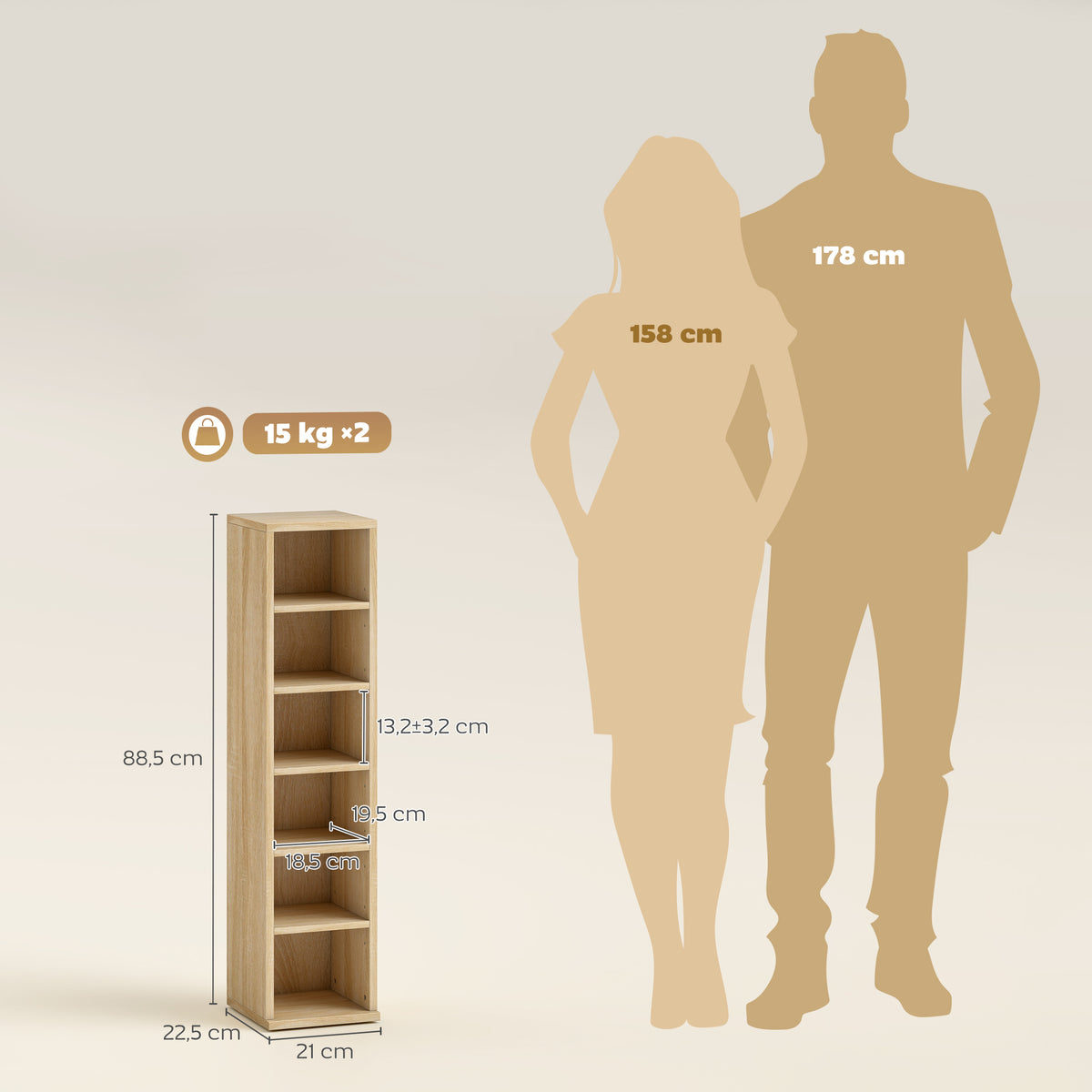 Lot de 2 étagères colonnes armoire de rangement CD-DVD 12 compartiments 21 x 22,5 x 88,5 cm capacité 204 CD chêne-2