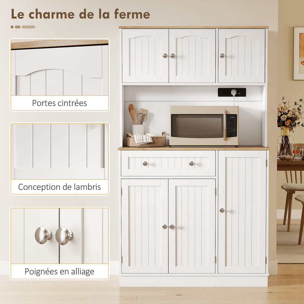 Buffet haut cuisine, armoire de cuisine, station de charge, 6 portes, plan de travail, porte-épices, 100x40x173cm, blanc-6