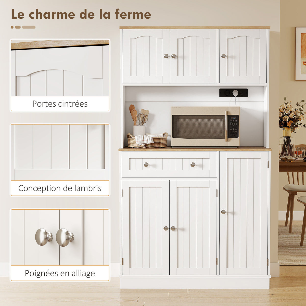 Buffet haut cuisine, armoire de cuisine, station de charge, 6 portes, plan de travail, porte-épices, 100x40x173cm, blanc-6