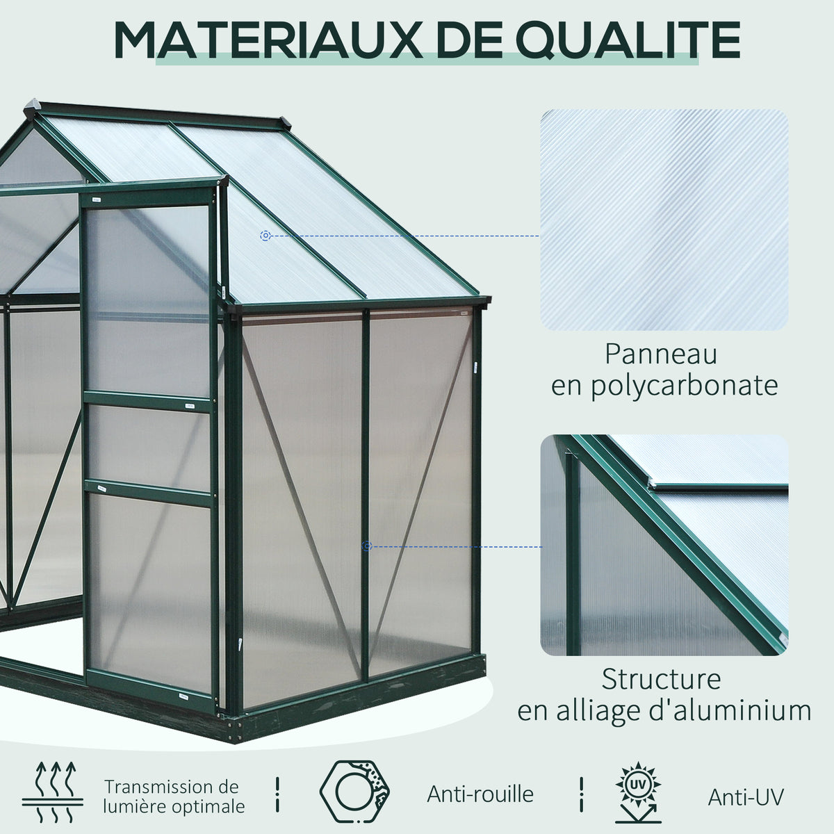 Serre de jardin polycarbonate 190 x 132 x 201 cm résistant aux UV 30+ fondation renforcé gouttière vert foncé-4