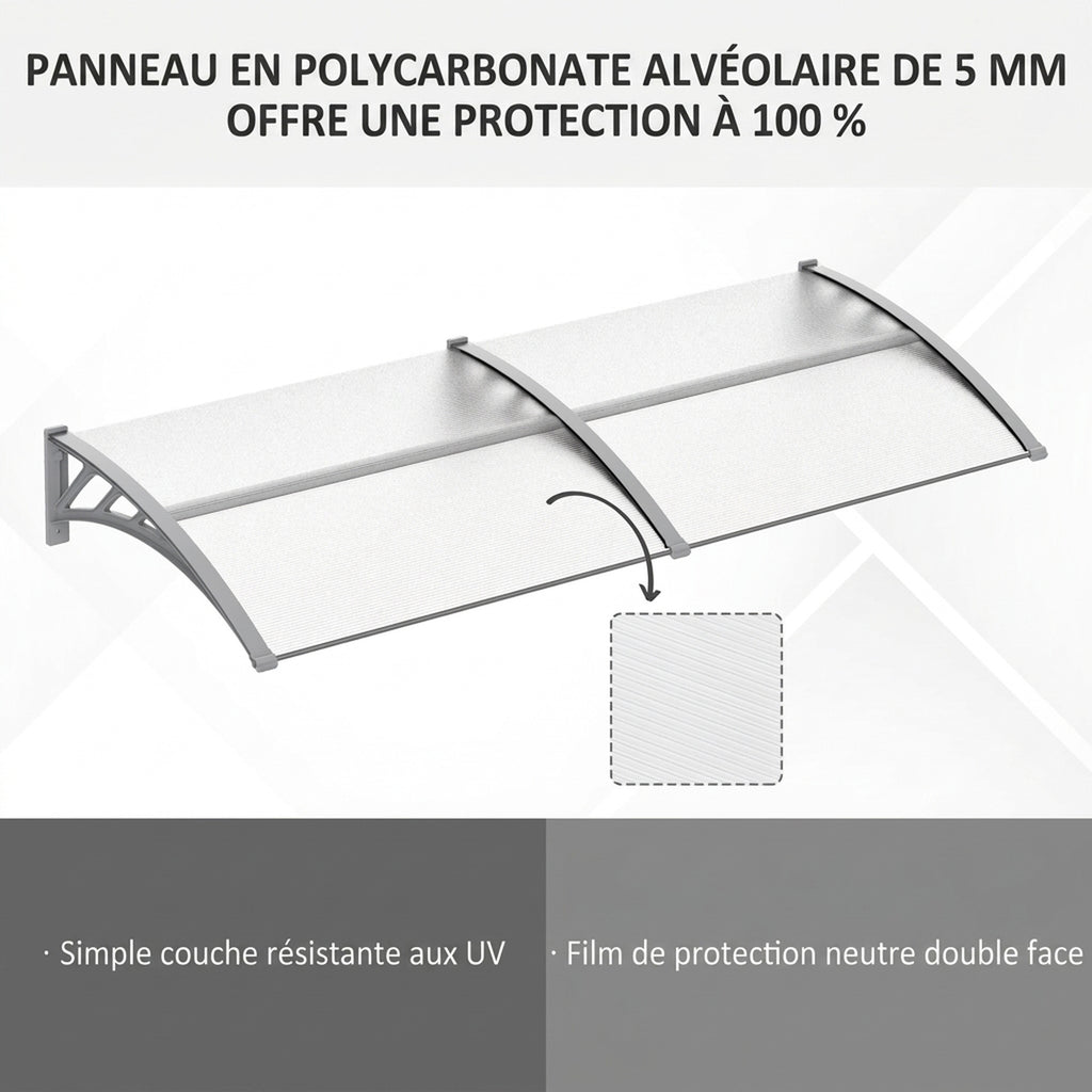 Auvent de Porte d'Entrée, Toit Marquise de Porte Extérieur en Polycarbonate et Aluminium Résistant 196x75cm, Transparent-3
