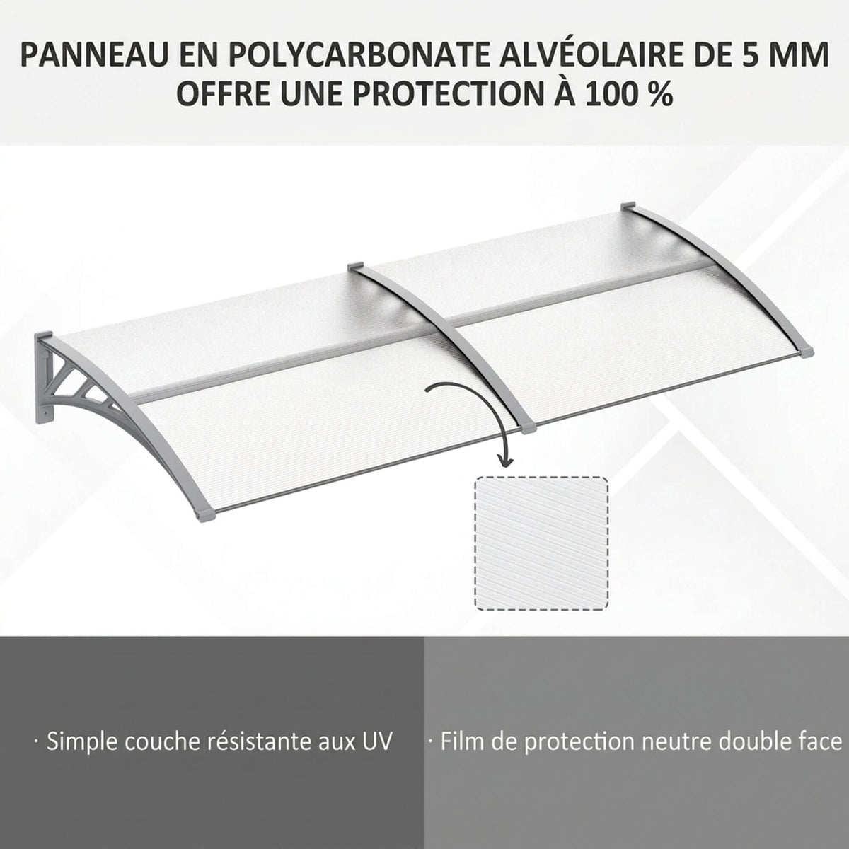 Auvent de Porte d'Entrée, Toit Marquise de Porte Extérieur en Polycarbonate et Aluminium Résistant 196x75cm, Transparent-3