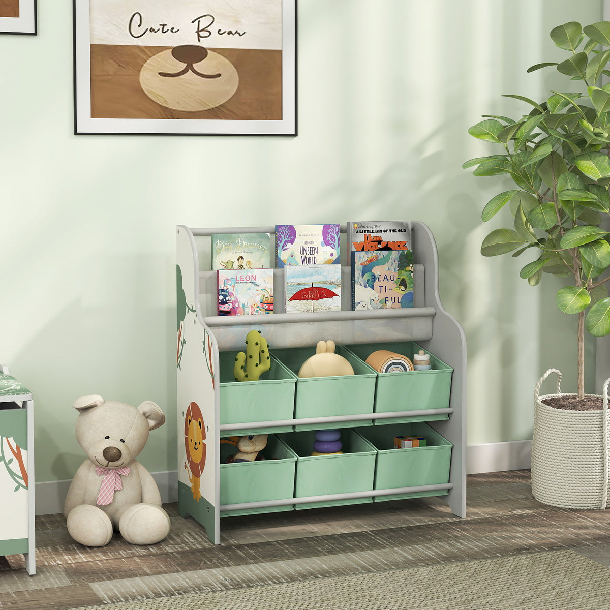 Meuble rangement enfant, rangement jouet enfant, 6 tiroirs en tissu et étagère à deux niveaux, 63x30x71cm, vert-9