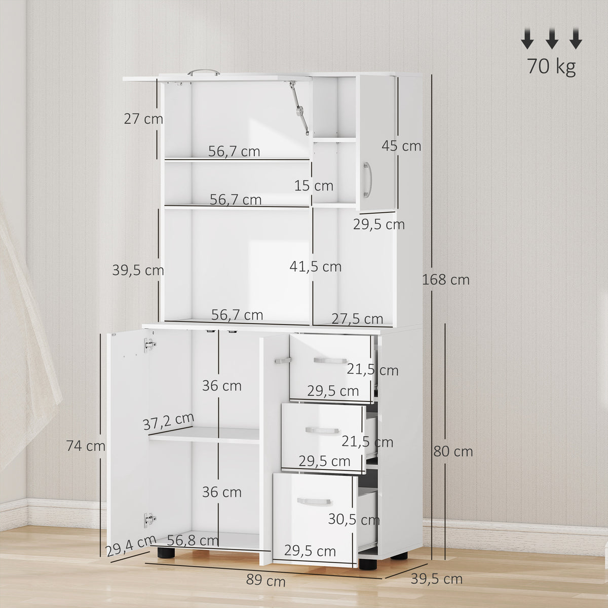Armoire de cuisine multi-rangements 4 portes 3 tiroirs étagère + grand plateau 89L x 39,5l x 168H cm blanc-2