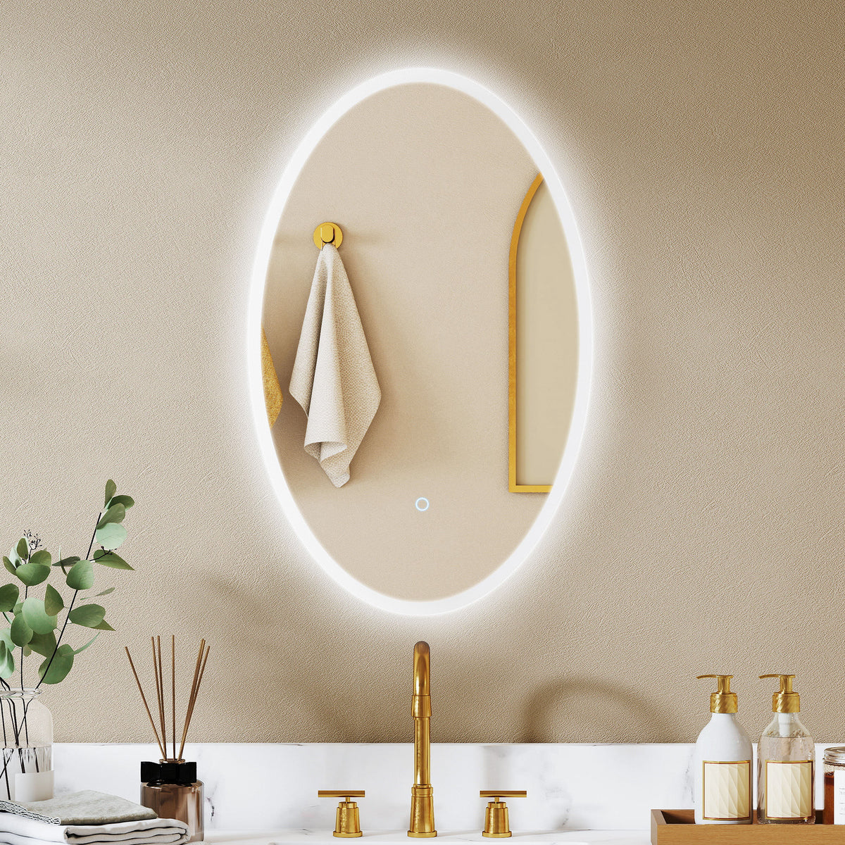 Miroir salle de bain avec éclairage 80 x 50 cm, miroir LED ovale, anti-buée, 3 couleurs lumière, dimmable, transparent-1