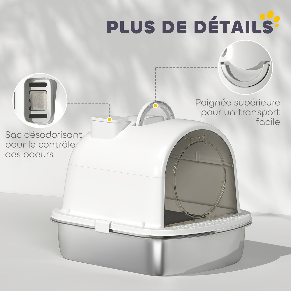 Maison de toilette pour chat bac à litière fermé bac acier inoxydable, nettoyage facile, 52,4 x 41,3 x 39,9 cm, blanc-6