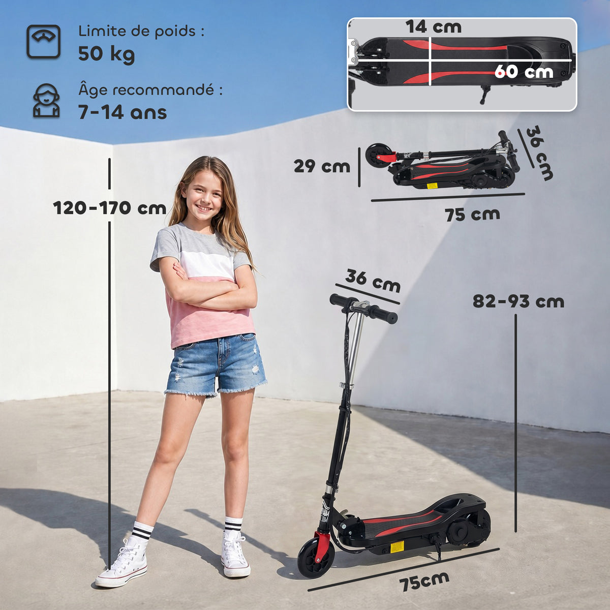 Trottinette électrique pliante pour enfant de 7+ans, 120W Vitesse max 12km/h, 75x36x82-93 cm Noir-2