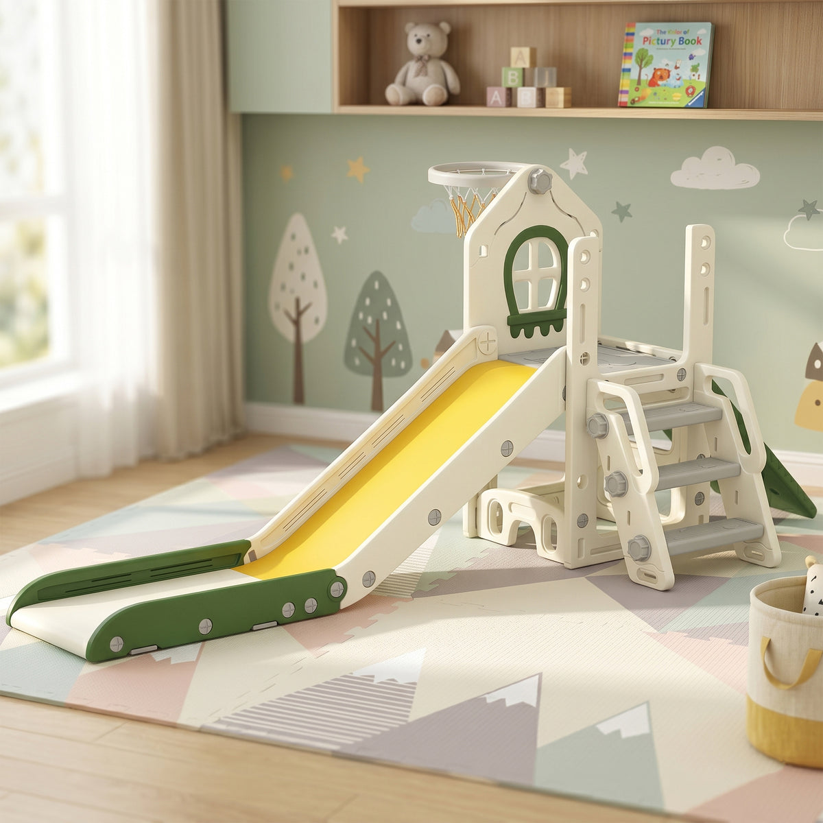 Toboggan pour Enfant Pliable 5-en-1 avec Escalade, Panier de Basket, Espace de Rangement et Ballon, Crème-1