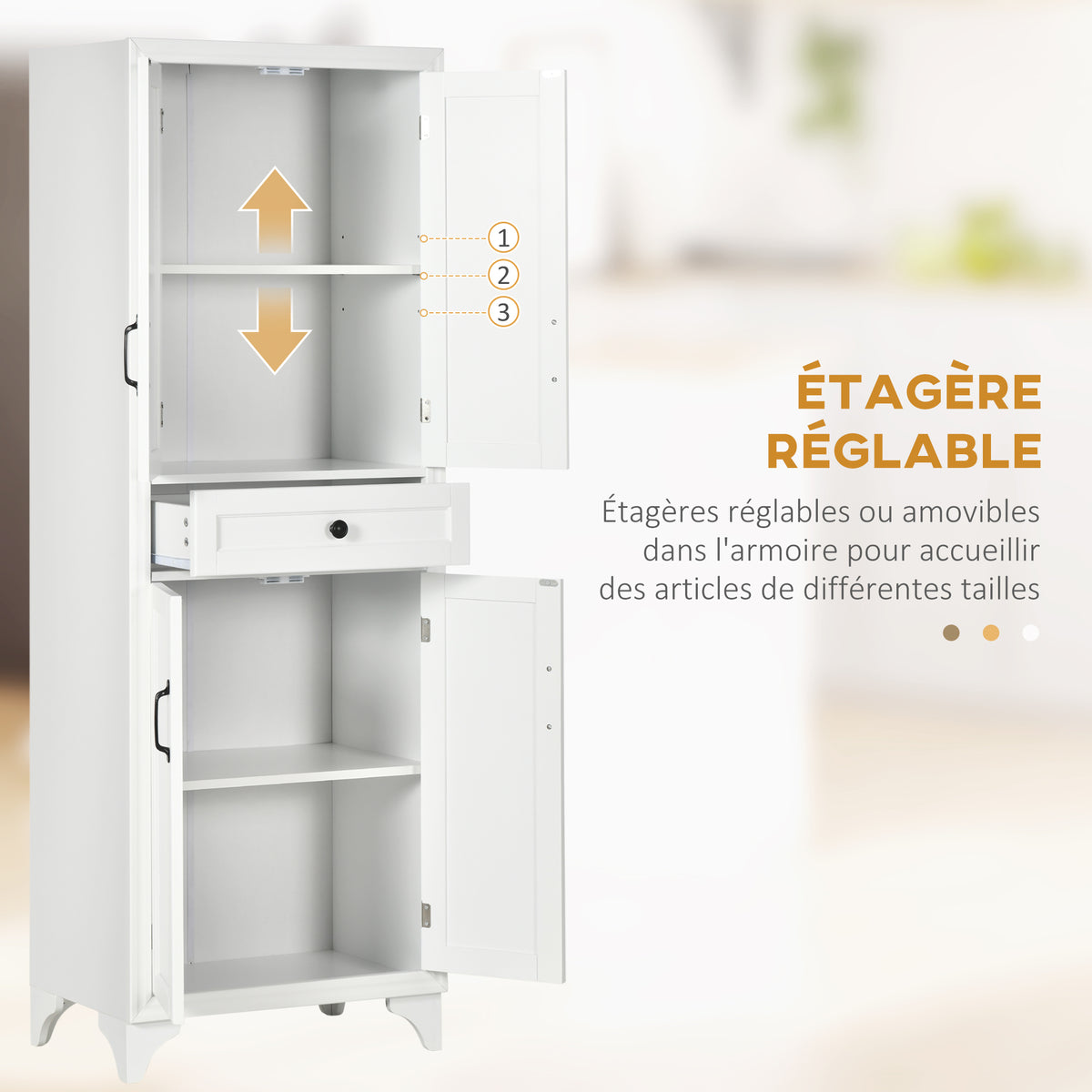Buffet haut armoire de cuisine 4 portes 2 placards et 1 tiroir central hauteur 170 cm avec étagère réglable blanc-4