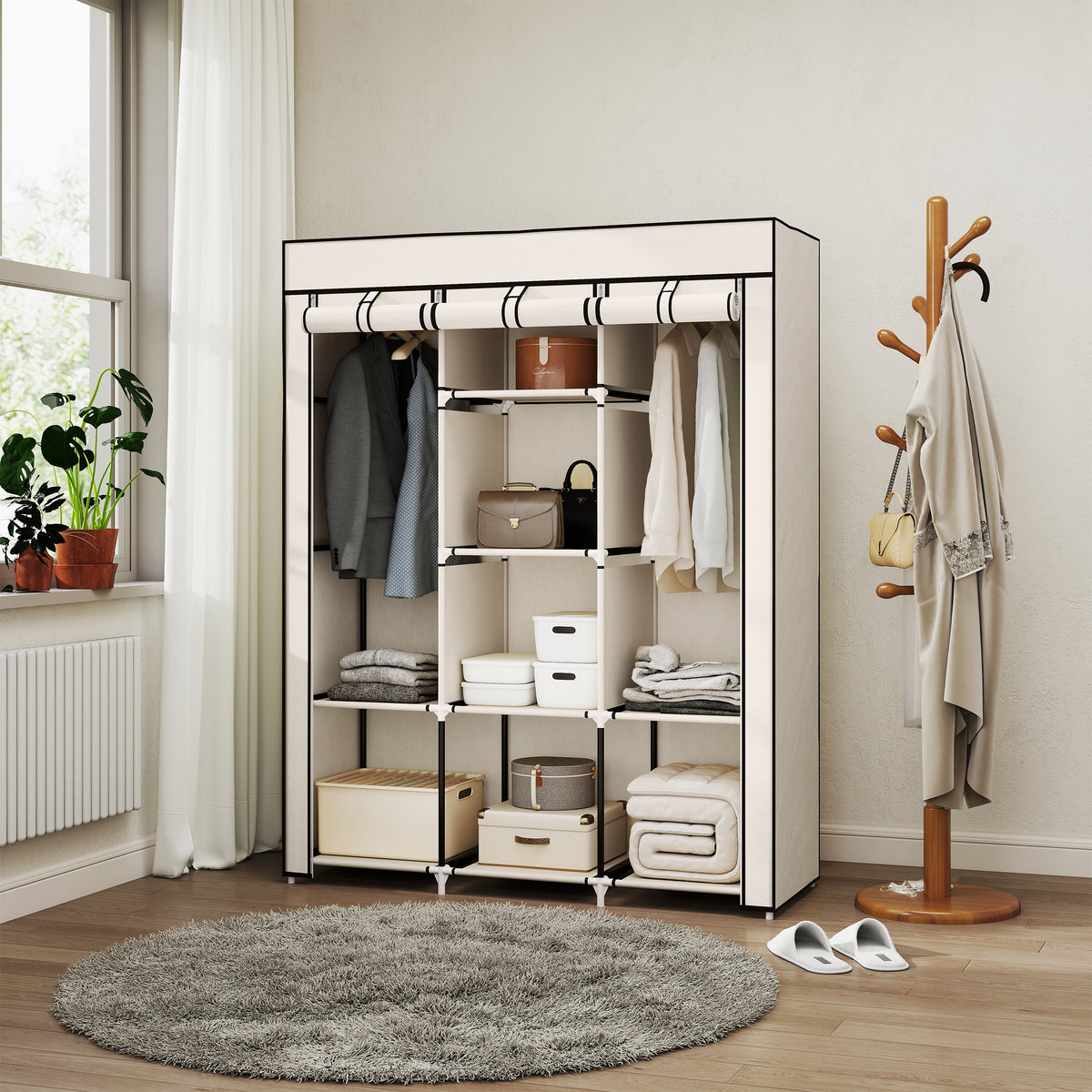 Armoire penderie multi-rangement - 8 étagères, 2 barres - non tissé crème-9