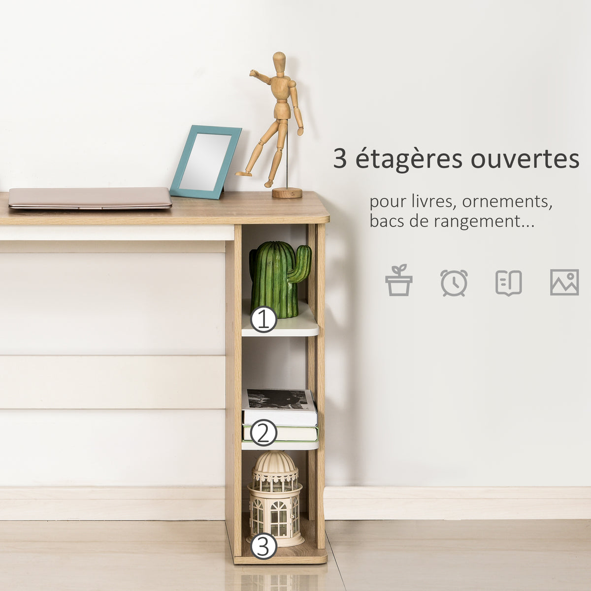 Bureau Informatique Table d'ordinateur 100L x 44l x 74H cm 3 étagères latérales en Bois Couleur chêne Clair Blanc-4