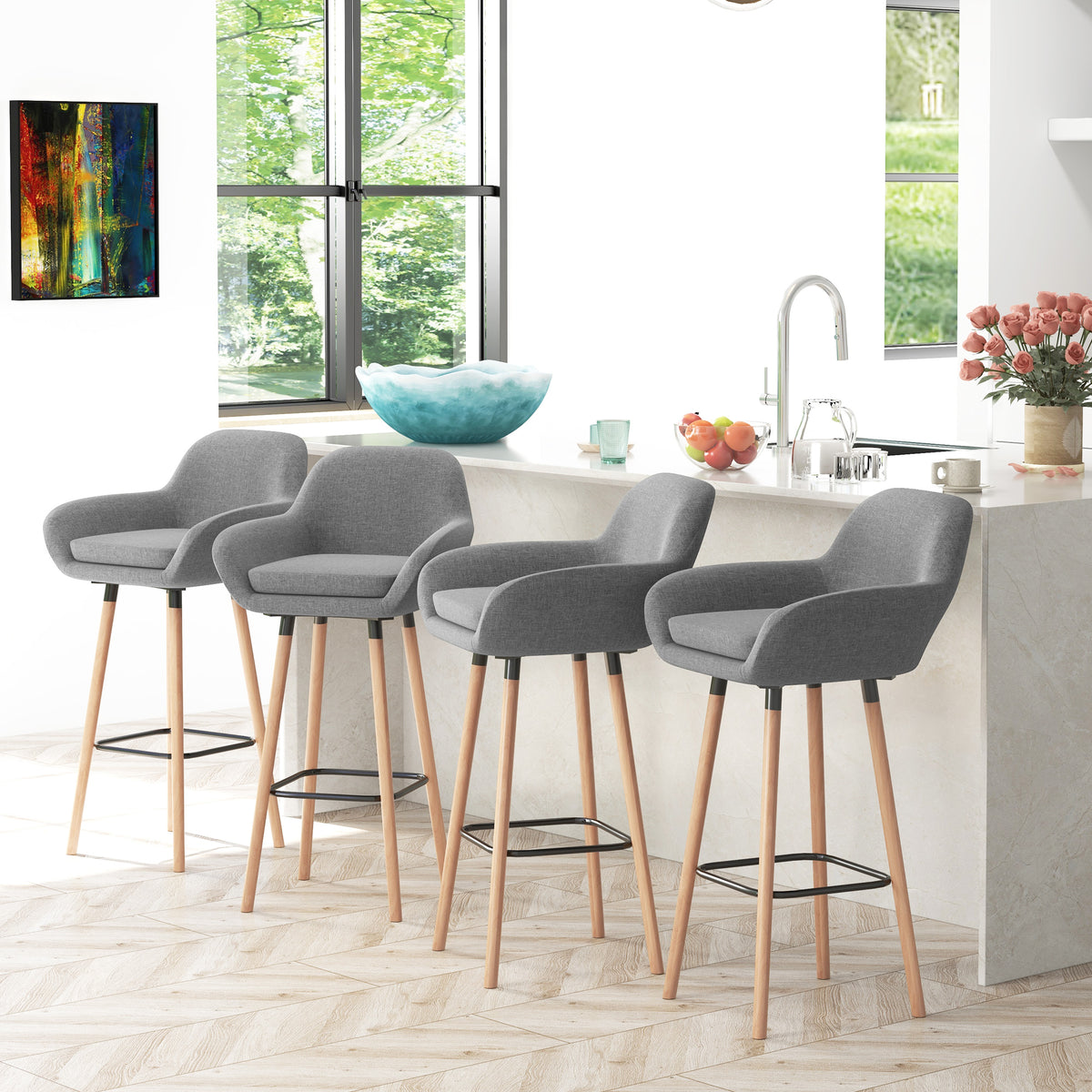 Tabourets de Bar Design scandinave Lot de 4 tabourets de Bar avec Repose-Pieds et accoudoirs Bois massif Lin Gris foncé-1