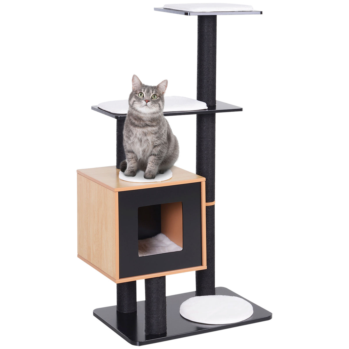 Arbre à chats design contemporain griffoirs grattoirs sisal naturel centre d'activités niche plate-formes jeu boules suspendues 71,5L x 49,5l x 120H cm MDF noir hêtre-0