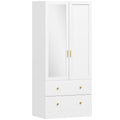 Armoire chambre penderie avec miroir, 2 portes, 2 tiroirs et barre de suspension, 80 x 50 x 180 cm, blanc-0