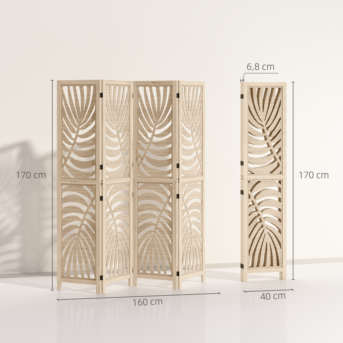 Paravent interieur en bois 4 panneaux 160 x 170 cm, pliable et portable, motif de feuille, design amovible, bois naturel-2