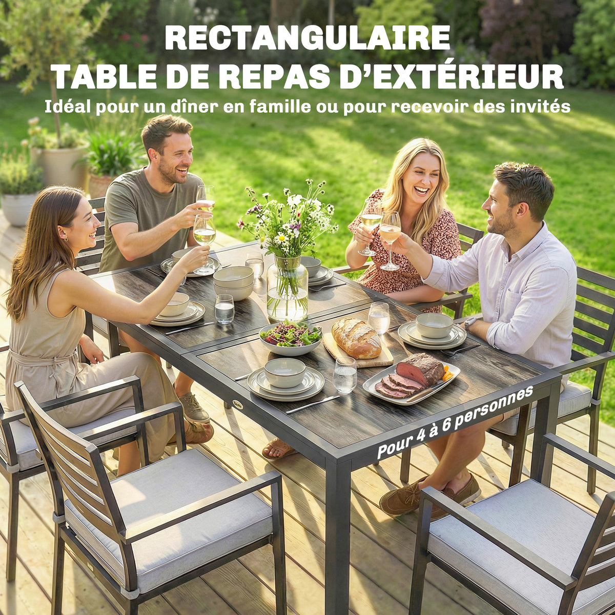 Table de jardin pour 4 à 6 personnes, table à manger extérieure avec plateau à effet bois, 140 x 80 x 72 cm, gris foncé-3