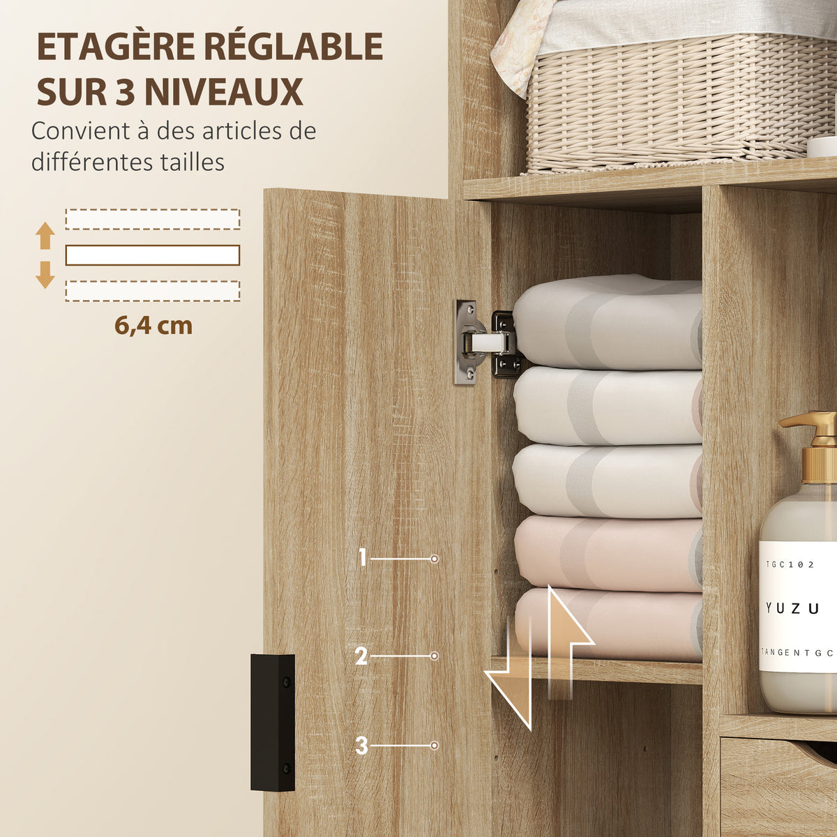 Meuble de salle de bain, meuble de rangement étroit avec 2 tiroirs, compartiments ouverts, 50x25x100cm, bois naturel-4