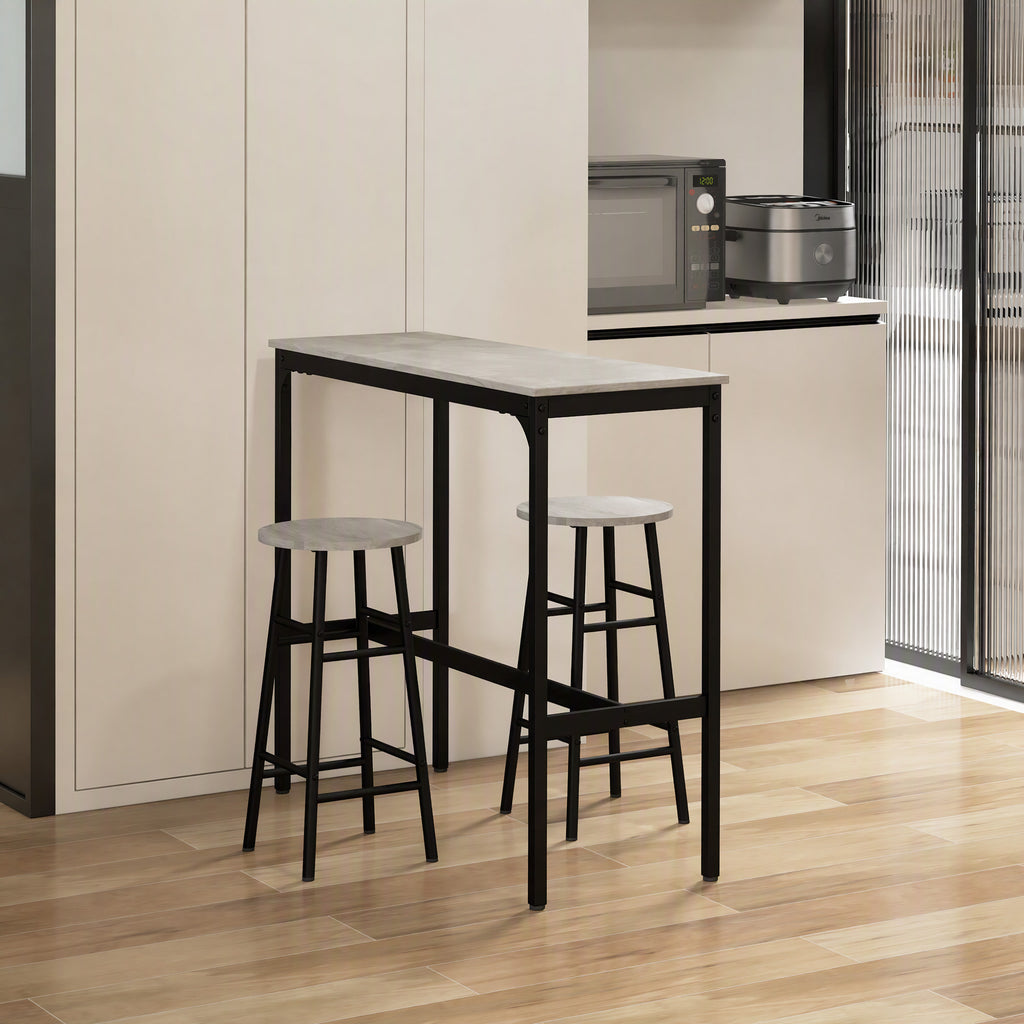 Ensemble table haute de bar + 2 tabourets structure en acier plateau aspect effet bois gris 2 personnes noir-1