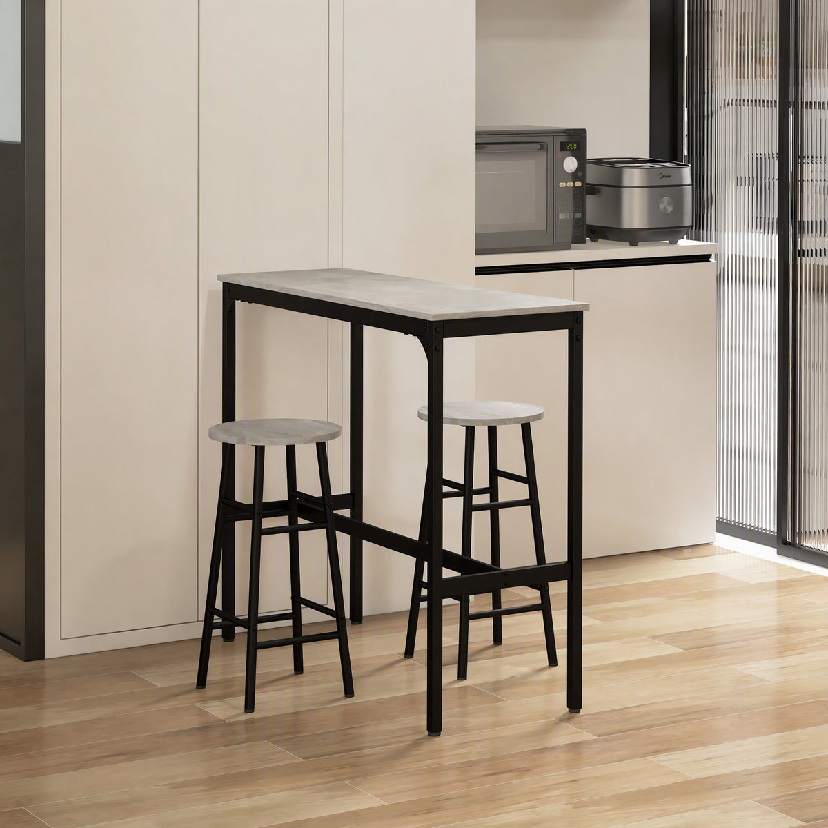 Ensemble table haute de bar + 2 tabourets structure en acier plateau aspect effet bois gris 2 personnes noir-1