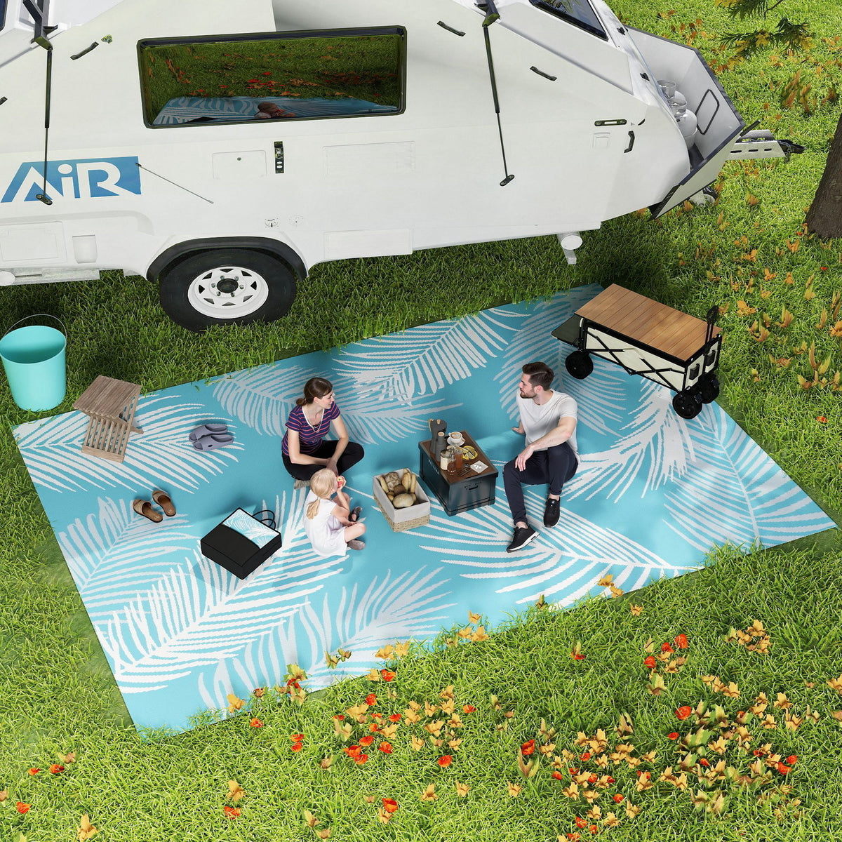 Tapis d'extérieur réversible 274x182 cm, tapis de sol en PP résistant aux intempéries, sac de transport, bleu-1