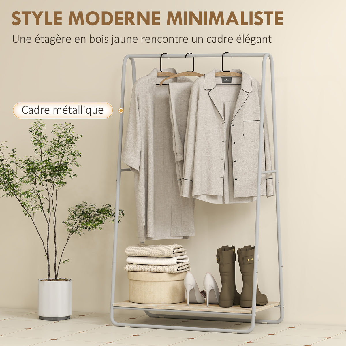 Portant à vêtement 3 en 1, portemanteau avec porte-chaussures, tringles supérieures et latérales, gris-4
