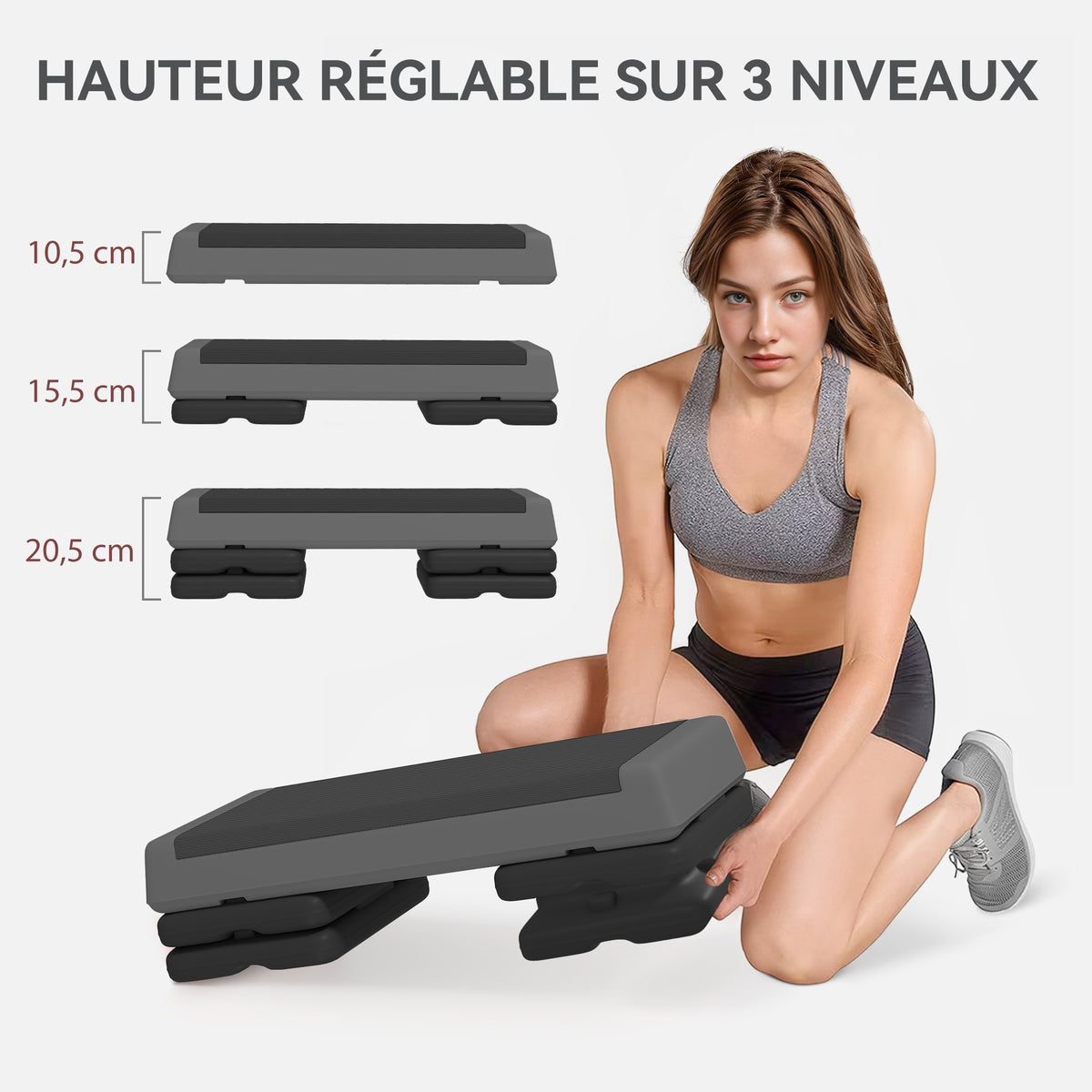 Stepper Fitness Aérobic 3 Niveaux, Hauteur Réglable 10,5/15,5/20,5 cm, Surface Antidérapante, Capacité 250 kg, Gris-3