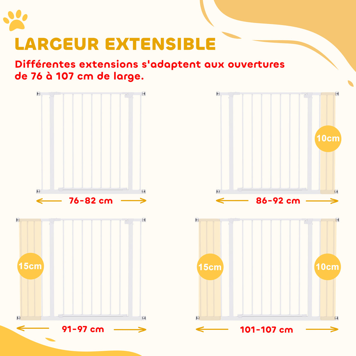Barrière de Sécurité Chien Réglable 76-107 cm, avec 2 Rallonges (10/15 cm), Ouverture d'une Main, sans Perçage, Blanc-3