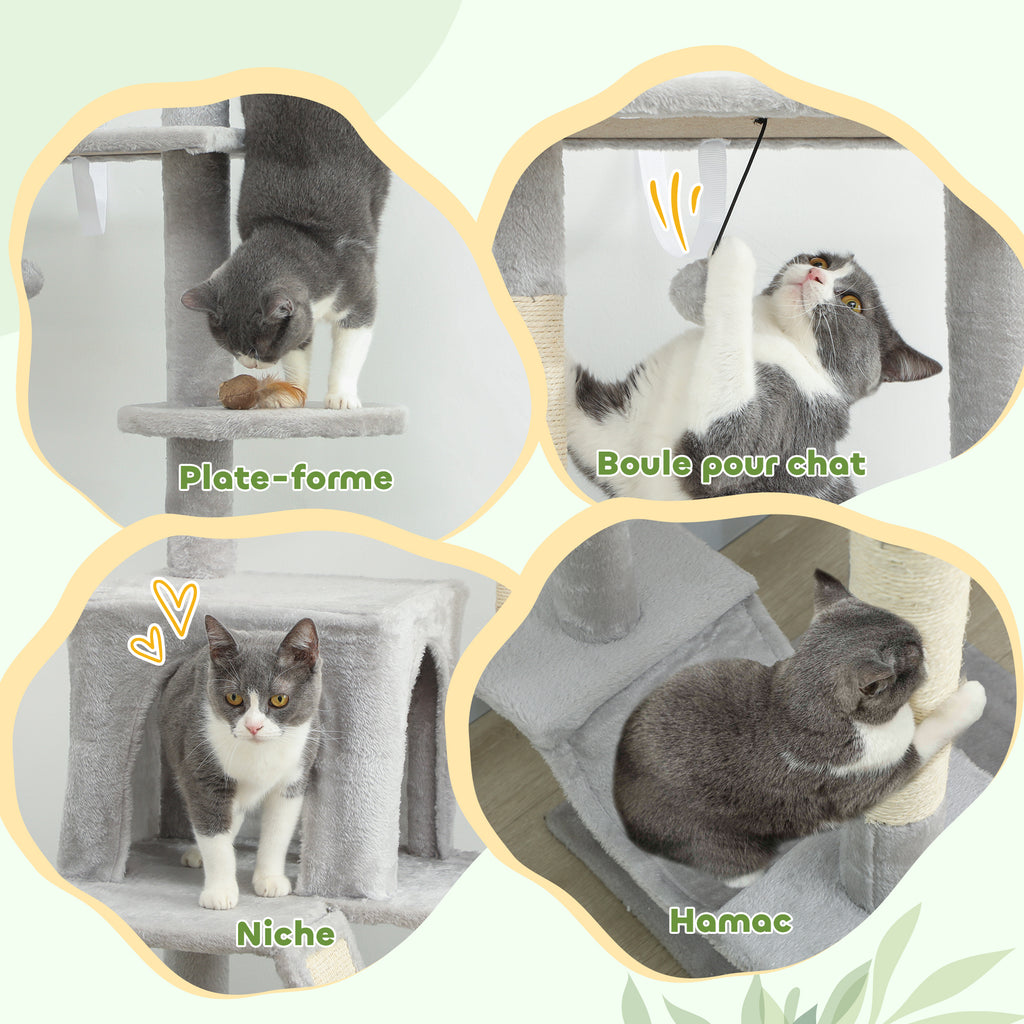 Arbre à chat du sol au plafond griffoir pour chat hauteur réglable 225-255 cm 6 niveaux avec niche hamac gris clair-5