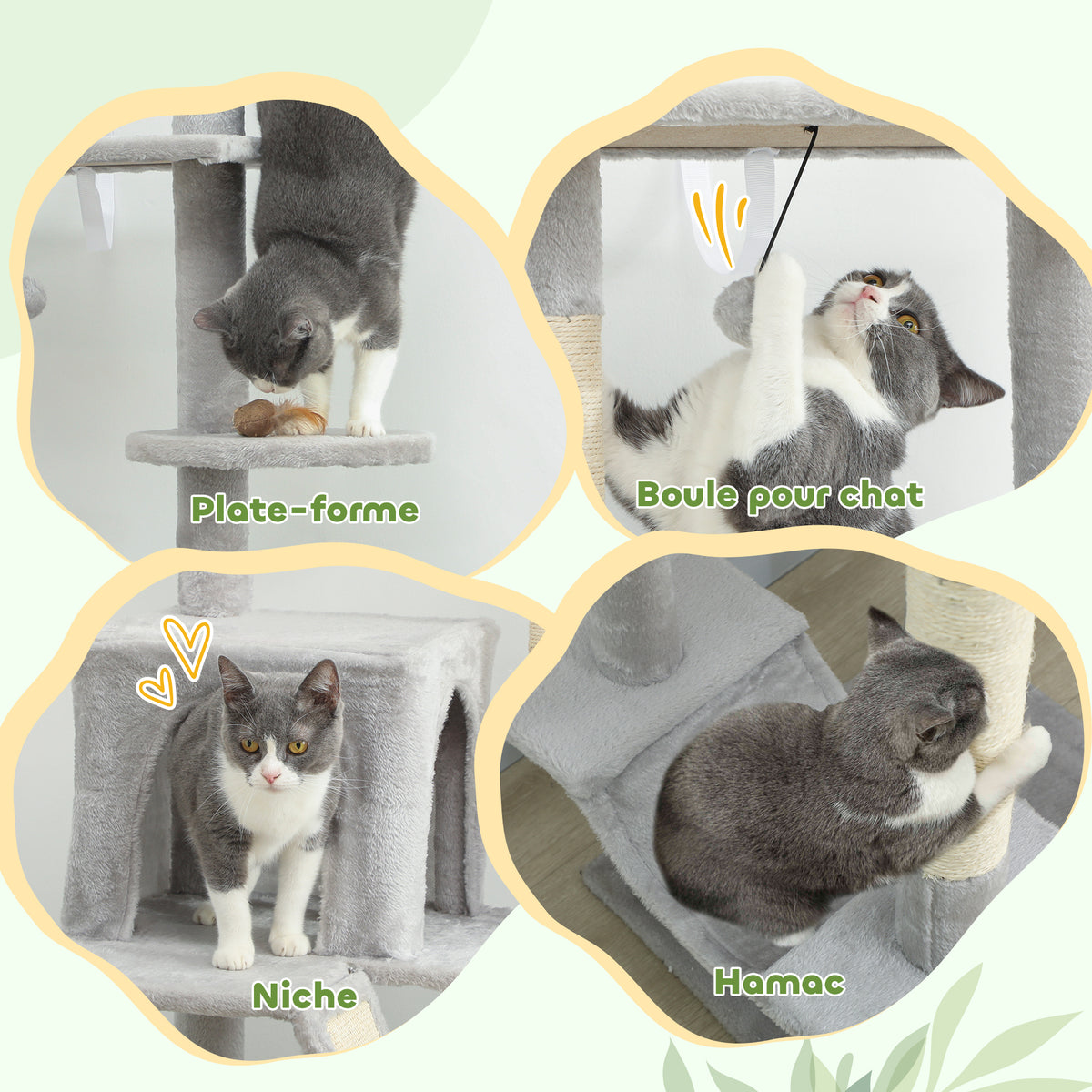 Arbre à chat du sol au plafond griffoir pour chat hauteur réglable 225-255 cm 6 niveaux avec niche hamac gris clair-5